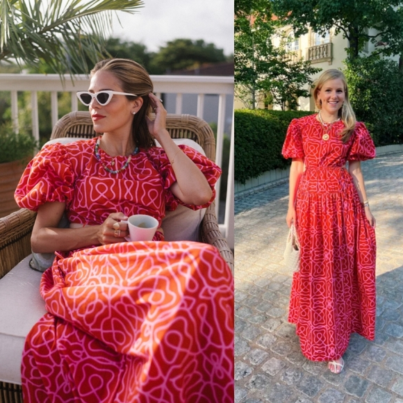 Agua by Agua Bendita Samba  Cutout-Back Print Puff Sleeve Maxi Dress Red Large - Picture 1 of 15